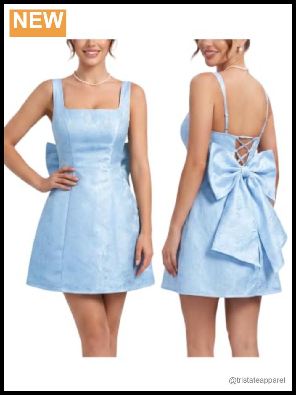 Faux-Silk Jacquard Mini Dress Bowknot Square Neck Fit Flare Party